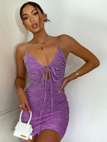 Robe de Soirée Courte Femme avec Bretelles à Col Décolleté à Lacets Coupe Cintrée Unicolore