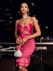 Robe de Soirée Courte Femme avec Bretelles à Col Décolleté en V à Lacets Coupe Cintrée avec Volante Unicolore