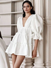 Robe de Soirée Courte Femme avec Manches Courtes Amples à Col V Bas Evasée Unicolore Robe de Patineuse Robe Sexy