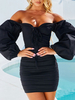Robe de Soirée Courte Femme avec Manches Longues Amples avec Epaule Dénudée Coupe Cintrée Unicolore
