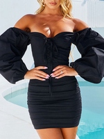 Robe de Soirée Courte Femme avec Manches Longues Amples avec Epaule Dénudée Coupe Cintrée Unicolore