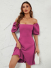Robe De Soirée Courte Lilas Col Bateau Plissé Manches Courtes Dos Nu Robe Semi-Formelle
