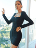 Robe de Soirée Courte Moulante à Col Carré avec Manches Longues Coupe Cintrée Unicolore Robe Sexy