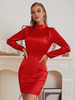 Robe de Soirée Courte Moulante à Col Montant avec Manches Longues Coupe Cintrée Unicolore Robe Sexy
