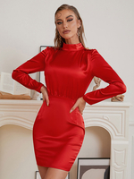 Robe de Soirée Courte Moulante à Col Montant avec Manches Longues Coupe Cintrée Unicolore Robe Sexy