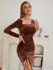 Robe de Soirée Courte Moulante avec Manches Longues Coupe Cintrée à Lacets Unicolore