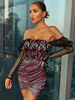 Robe de Soirée Courte Moulante en Mousseline avec Manches Longues avec Epaule Dénudée Coupe Cintrée Robe Sexy