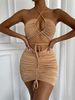 Robe de Soirée Courte Moulante Femme avec Bretelles à Col Décolleté en V Coupe Cintrée à Lacets Unicolore Robe Sexy