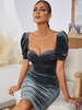 Robe de Soirée Courte Moulante Femme avec Manches Courtes Amples Coupe Cintrée à Col Décolleté Unicolore Robe Sexy