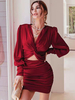 Robe de Soirée Courte Moulante Femme avec Manches Longues Amples à Col V Coupe Cintrée Unicolore Robe Sexy