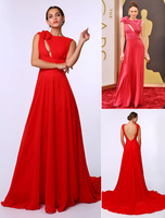Robe de soirée en chiffon rouge avec fleur à col bateau