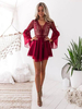 Robe de Soirée en Dentelle Creusante Florale Courte à Col V avec Manches Longues Amples Coupe Cintrée Bas Evasée Unicolore Robe Sexy