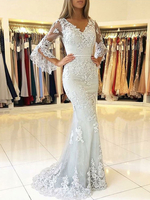 Robe de soirée en dentelle Ivoire Col en V à manches longues Longueur au sol Robe formelle Robes de soirée sirène