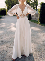 Robe de Soirée en Dentelle Longue avec Manches Longues Amples à Col Décolleté en V Coupe Cintrée Bas Evasée Unicolore Robe Femme