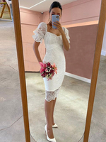 Robe de Soirée en Dentelle Mi-longue avec Manches Courtes Amples à Col V Coupe Cintrée Unicolore Robe Moulante