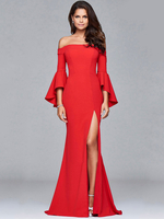 Robe de Soirée en Mousseline Longue avec Manches Mi-longues Volantes avec Epaule Dénudées Coupe Cintrée Fente Unicolore Robe Longue