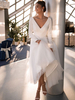 Robe de Soirée en Mousselines Femme Mi-longue à Col V avec Manches Longues Coupe Cintrée Bas Evasée Unicolore