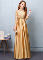 Robe de soirée en or Robe de soirée en satin Robe de soirée de mariage en applique en dentelle Sash A Line Maxi Mère