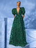 Robe de soirée en organza à col en V et longueur au sol avec appliques