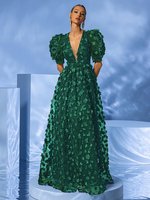 Robe de soirée en organza à col en V et longueur au sol avec appliques