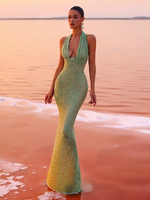 Robe de soirée en polyester à col en V et longueur au sol