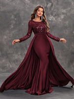 Robe de soirée en satin à paillettes robe de bal col en V avec traîne manches longues fermeture éclair tissu satiné robes de soirée formelles