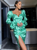 Robe de Soirée en Satin Courte Moualnte Femme avec Manches Longues Amples Coupe Cintrée avec Fente Unicolore Robe Sexy