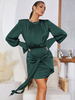Robe de Soirée en Satin Courte Moulante à Col Rond avec Manches Longues Amples Coupe Cintrée à Lacets Unicolore Robe Sexy