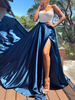 Robe de Soirée en Satin Longue Femme à Col Décolleté en V avec Epaule Dénudée Coupe Cintrée avec Fente Bicolores
