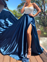 Robe de Soirée en Satin Longue Femme à Col Décolleté en V avec Epaule Dénudée Coupe Cintrée avec Fente Bicolores
