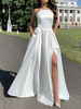 Robe de Soirée en Satin Longue Femme avec Bretelles à Col Carré avec Epaule Dénudée Coupe Cintrée avec Fente Unicolore Robe Eté Robe Longue