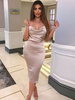 Robe de Soirée en Satin Longue Femme Sexy avec Bretelles à Col Décolleté en V Coupe Cintrée Unicolore Robe Sexy