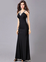 Robe de soirée en satin mat avec perles col V longueur plancher