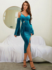 Robe de Soirée en Satin Mi-longue Femme avec Manches Longues Coupe Cintrée avec Fente Unicolore Robe Sexy