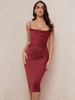 Robe de Soirée en Satin Mi-longue Moulante avec Bretelles à Col Décolleté en Carré Coupe Cintrée Unicolore Robe de Cocktail Sexy