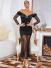 Robe de Soirée en Satin Moulante Femme à Col Décolleté avec Manches Longues Coupe Cintrée Unicolore Robe Sexy