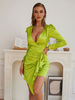 Robe de Soirée en Satin Moulante Femme à Col Décolleté en V Coupe Cintrée avec Volante Unicolore
