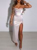 Robe de Soirée en Satin Moulante Longue avec Bretelles à Col Décolleté en V Coupe Cintrée avec Fente Unicolore Robe Sexy