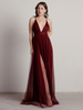 Robe de soirée en tulle bordeaux col V plongeant décolleté jupe fendu longueur au sol Robe cérémonie