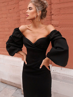Robe de Soirée Femme Longue à Col Décolleté en V avec Manches Longues Amples avec Epaule Dénudée Coupe Cintrée Unicolore Robe Moulante
