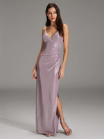 Robe de soirée fourreau col en V en polyester longueur au sol plissée robes de soirée sociale