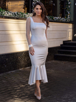 Robe de soirée gaine col carré longueur de thé manches longues fermeture éclair volants polyester blanc robes de soirée formelles