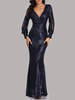 Robe de soirée gaine col en V étage longueur manches longues à lacets paillettes Lycra Spandex robes de soirée formelles