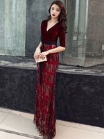 Robe de soirée Gaine col en V Velour Longueur étage Sash Parti social Robes