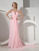 Robe de soirée gaine rosée en chiffon à fines bretelles et traîne