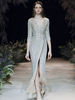 Robe de soirée gaine ruban col en v longueur au sol manches longues fermeture éclair plissée paillettes robes de soirée formelles