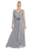 Robe de soirée gris clair pour mère de la mariée col en V manches longues une ligne fleurs embellissement dentelle mousseline de soie longueur au sol robes dinvité pour le mariage