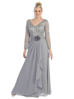 Robe de soirée gris clair pour mère de la mariée col en V manches longues une ligne fleurs embellissement dentelle mousseline de soie longueur au sol robes dinvité pour le mariage
