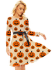 Robe de Soirée Halloween Citrouille Femme à Col Rond avec Manches Longues Coupe Cintrée Halloween Robe