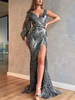 Robe de Soirée Imprimés Femme Longue Eté Sexy à Col Décolleté avec Manches Longues Amples Epaule Dénudées Coupe Cintrée avec Fente Bicolores Robe Sexy